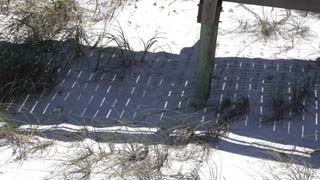 Boardwalk ramp to beach shadow on the sand